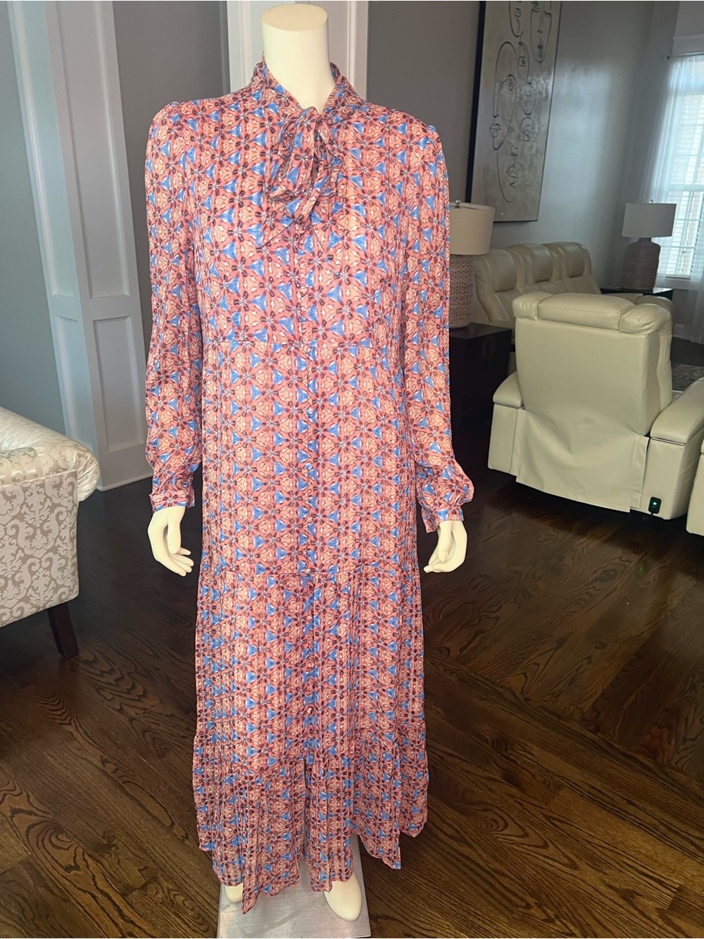 Marie Oliver Geometric Blue and Brown Long Sleeve Dress